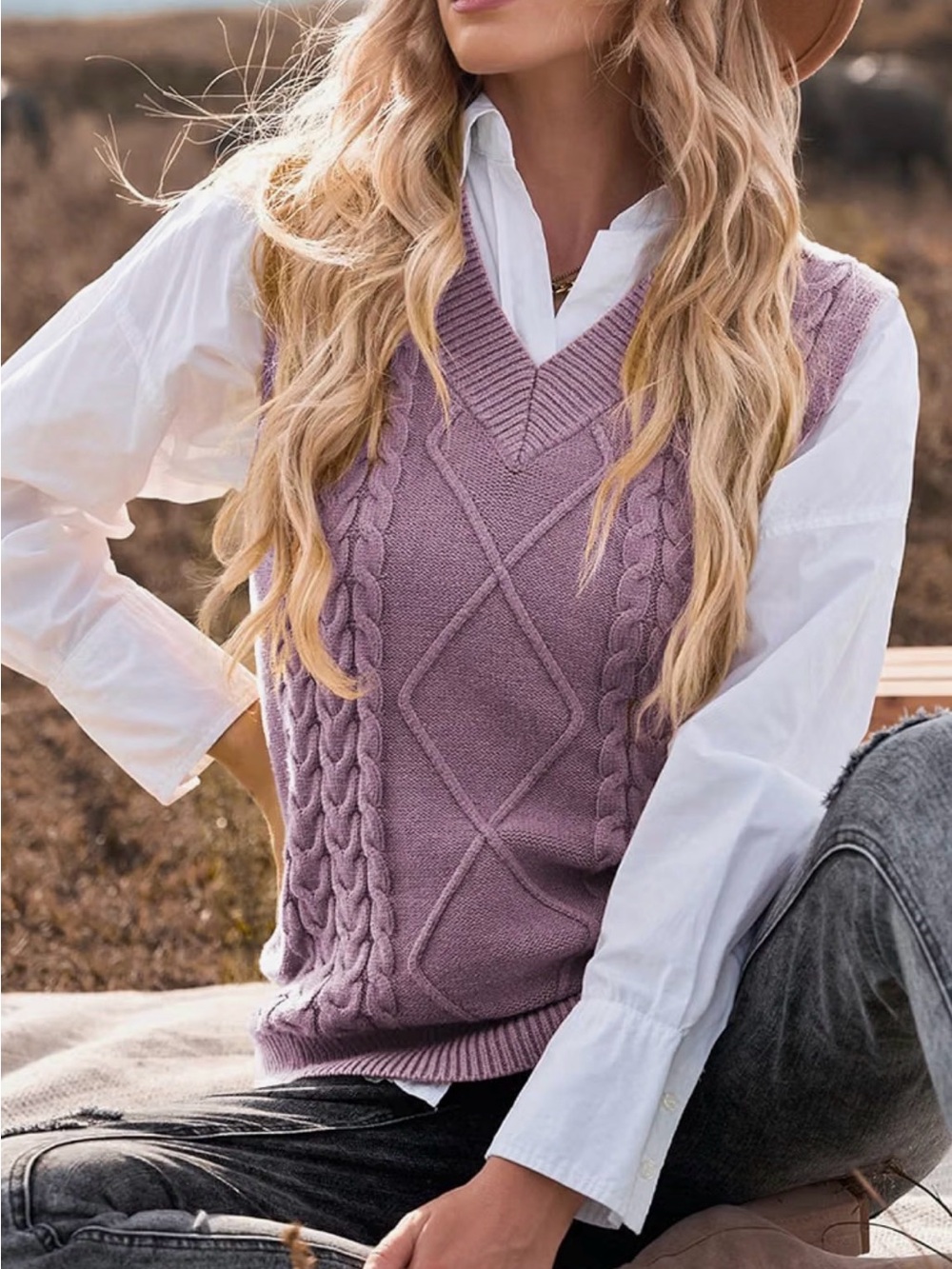 Oversized Sweater Vest for Women V Neck Cable Knit